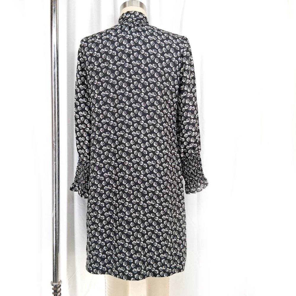 Rebecca Taylor Rue Silk Dress Black White Tie Neck Floral Smocked Cuffs Size 0 - Picture 4 of 11